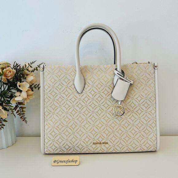 Muchael Kors Mirella Medium Metallic Logo Jacquard Tote Bag LT Cream - Picture 1 of 12